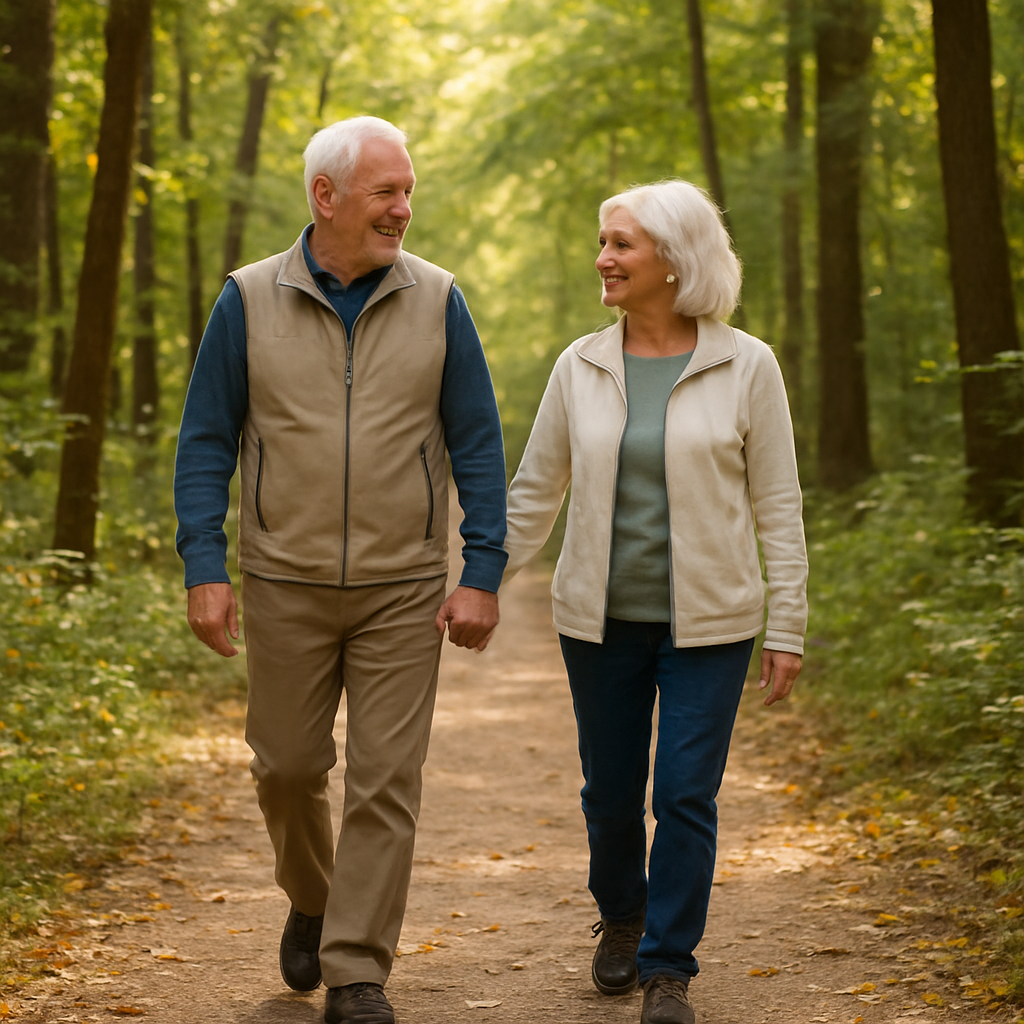 Couple exercising by walking through the woods