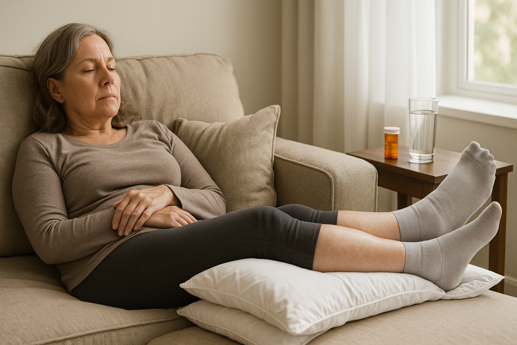 Woman elevating swollen legs above heart level to relieve medication‑induced edema.